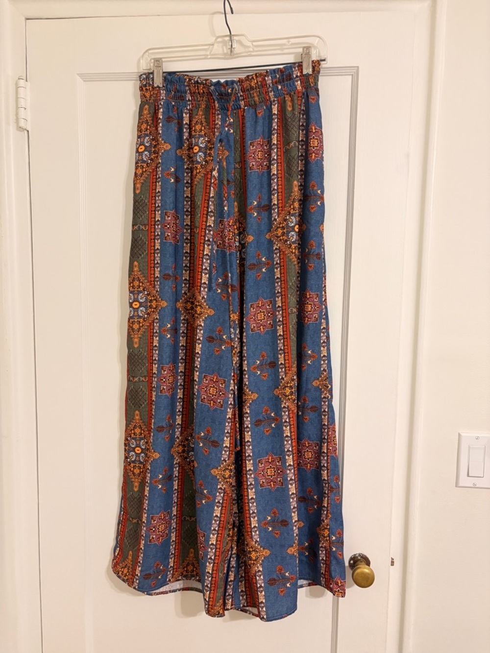 Three Bird Nest Blue Smocked Waist Maxi Skirt with Rust & Brown Print
